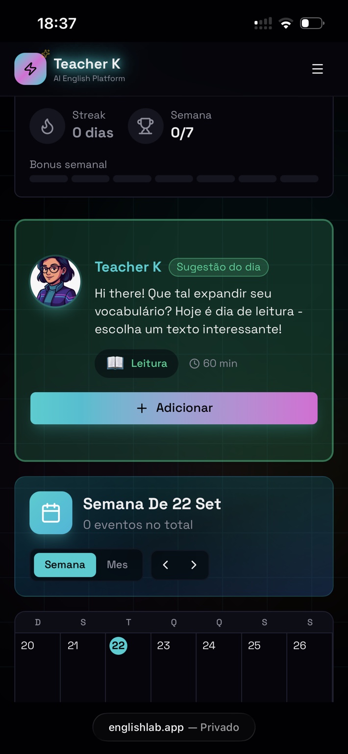 Interface real da plataforma English Lab